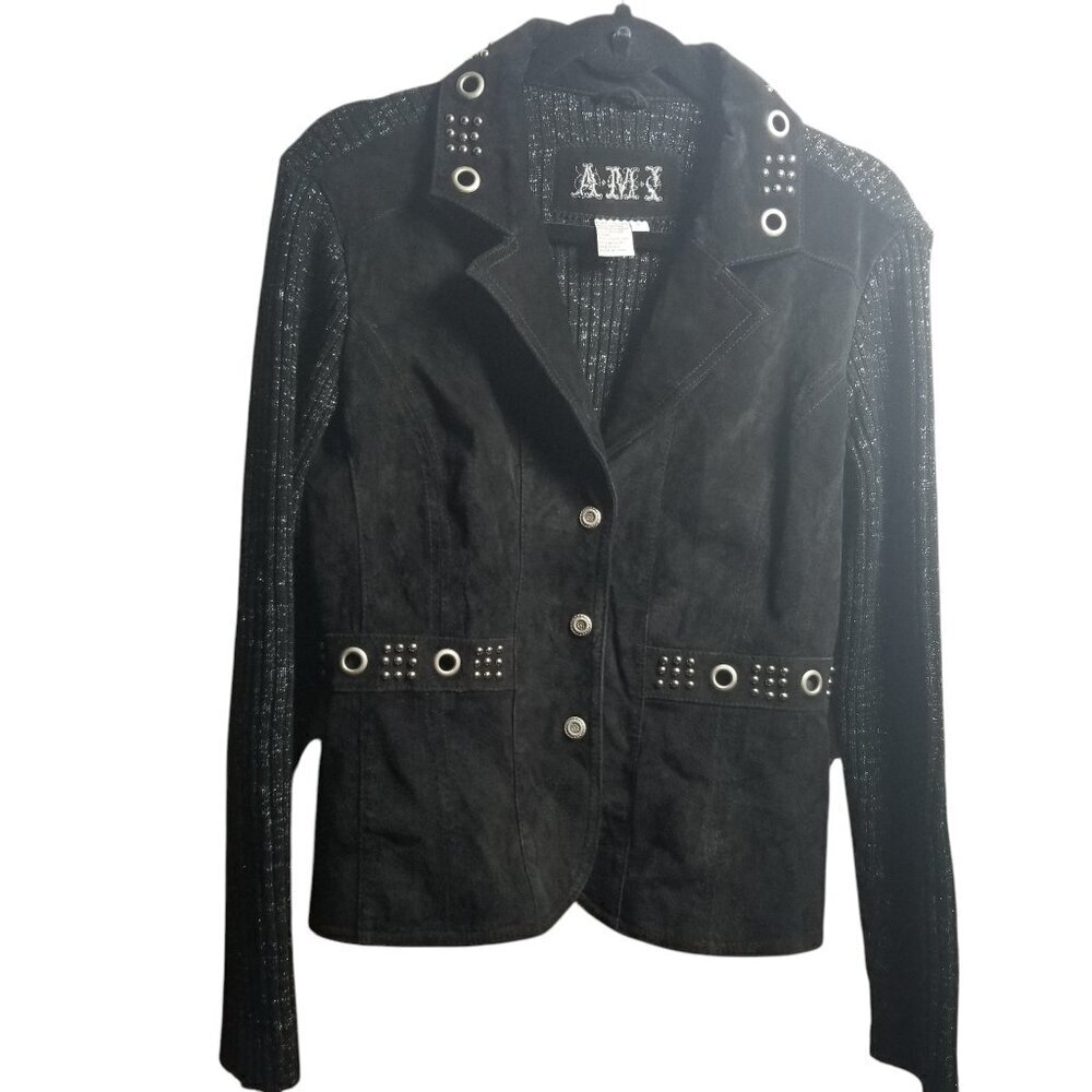 AMI Women's Black Suede Knit Grommet Biker Blazer Sz L